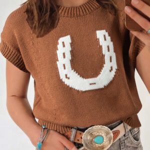 Chestnut Western Horseshoe Pattern Short Sleeve Knit Sweater