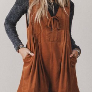Cinnamon Solid Color Tie V Neck Sleeveless Corduroy Romper