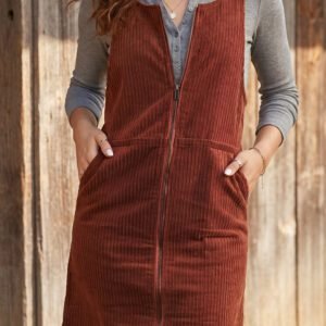 Clay Ribbed Corduroy Zip-Up Sleeveless Pocket Sheath Dress