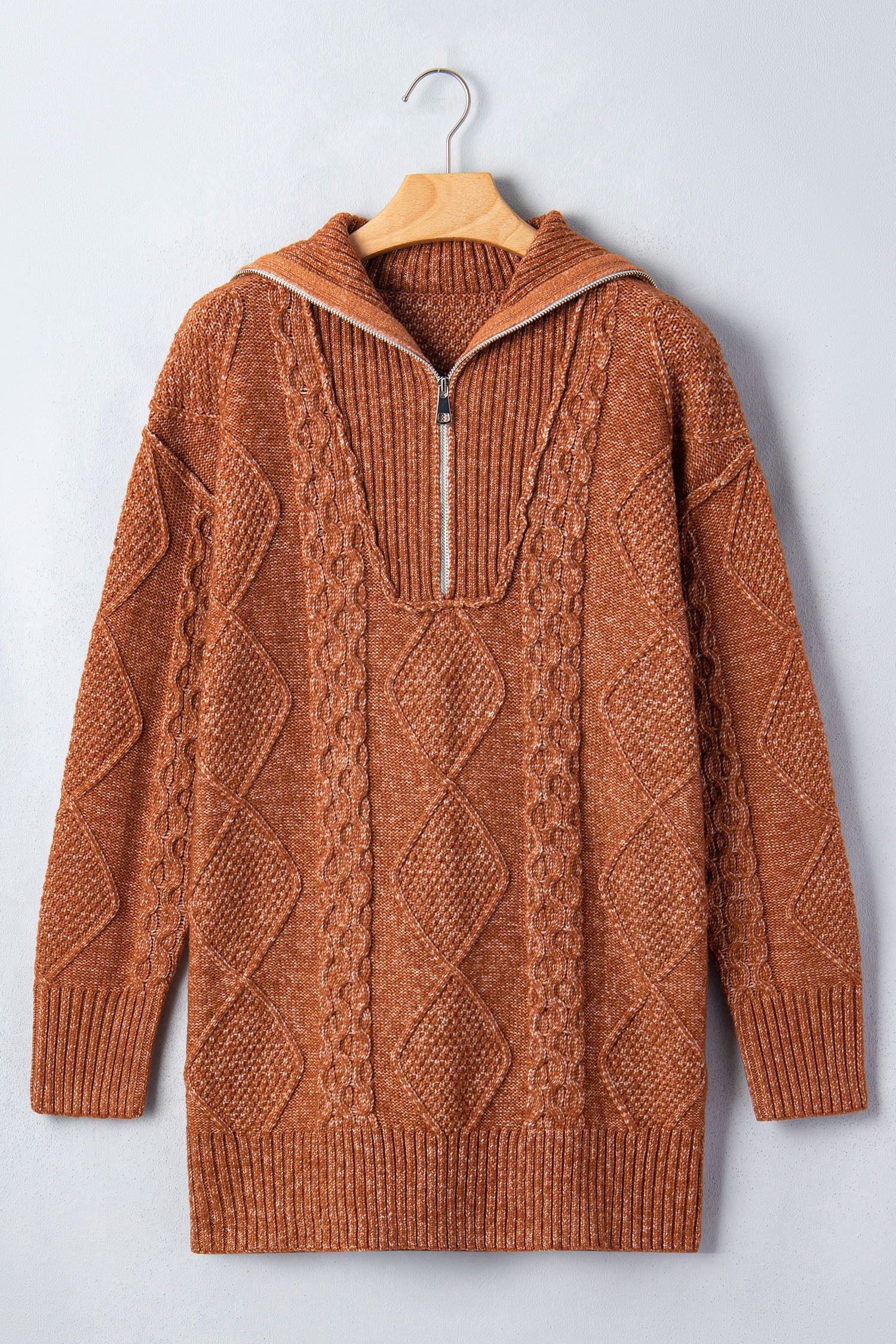 Clay Zip-Up Cable Knit Drop Shoulder Sweater Dress