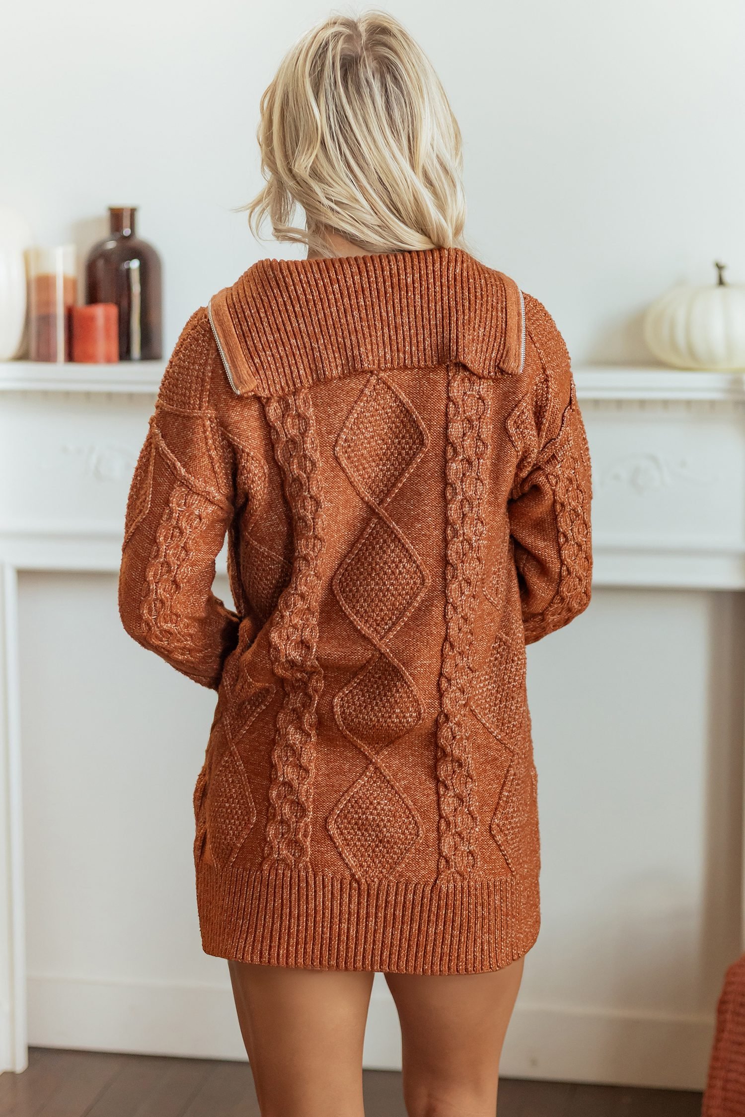Clay Zip-Up Cable Knit Drop Shoulder Sweater Dress