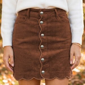 Coffee Button Front Corduroy Mini Pockets Sheath Silhouette Skirt