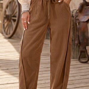 Coffee Corduroy Elastic Waist Drawstring Cargo Pants