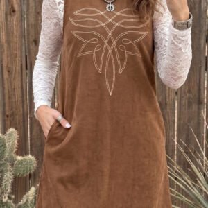 Coffee Geometric Embroidery Sleeveless Corduroy Shift Dress