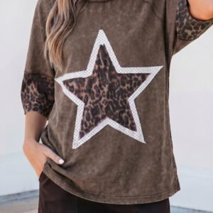 Coffee Mineral Wash Exposed Seam Leopard Star Patched T Shirt