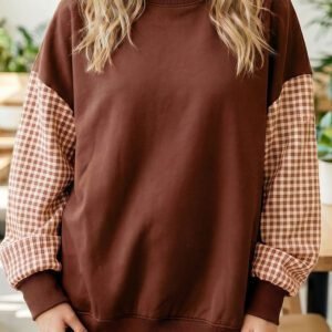 Coffee Plaid Sleeve Colorblock Loose Tunic Sweatshirt