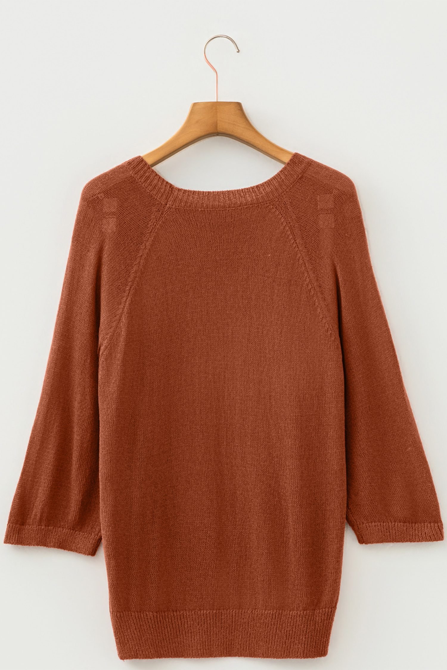 Coffee Ribbed Knit Round Neck Short Sleeve Sweater