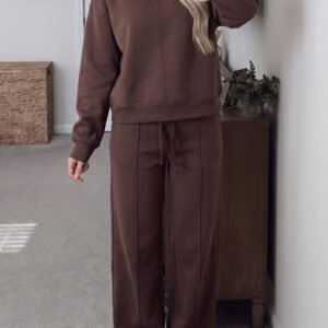 Coffee Solid Color Piping Trim Mock Neck Pullover Drawstring Pants Set