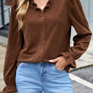 Coffee Solid Color Ruffle Trim V Neck Long Sleeve Button Corduroy Shakcet