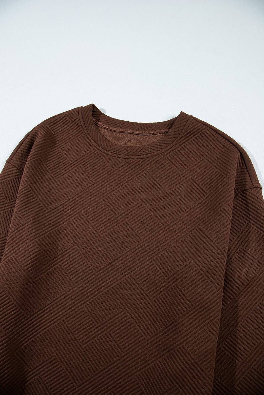 Coffee Solid Color Textured Round Neck Drop Shoulder Pullover Sweatshirt
