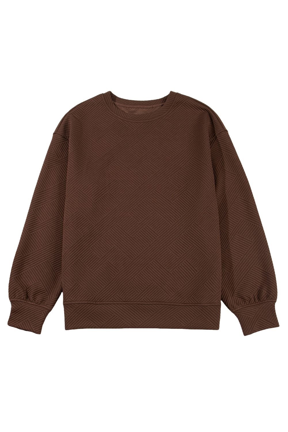 Coffee Solid Color Textured Round Neck Drop Shoulder Pullover Sweatshirt