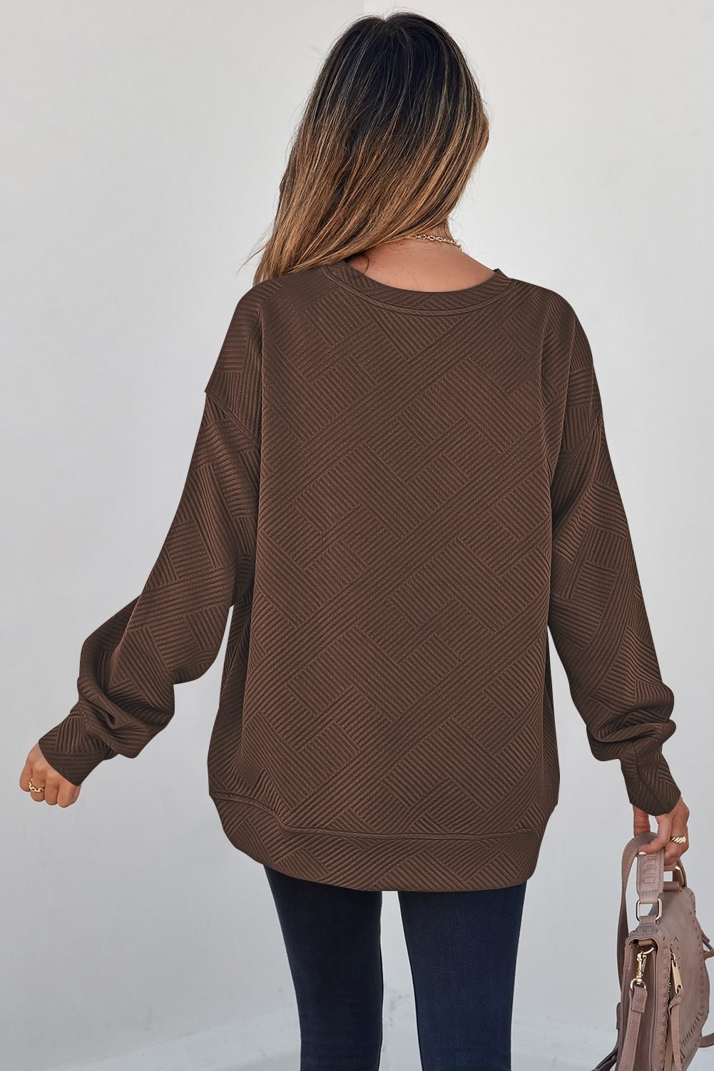 Coffee Solid Color Textured Round Neck Drop Shoulder Pullover Sweatshirt