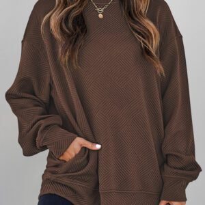 Coffee Solid Color Textured Round Neck Drop Shoulder Pullover Sweatshirt