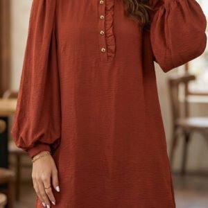 Coffee Solid Shift Long Sleeve Short Length One Piece Dress