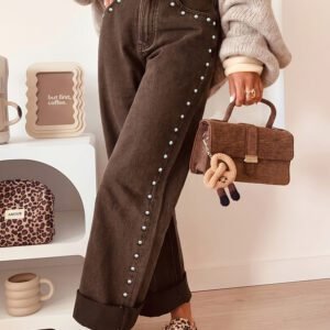 Coffee Studded Detail Straight Leg Casual Loose Jeans
