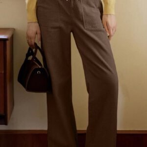 Coffee Tie Elastic Waist Soft Corduroy Pants