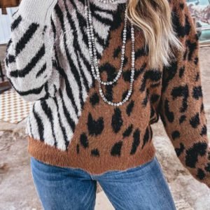 Coffee Western Leopard Zebra Print Long Sleeve Round Neck Sweater