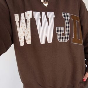 Coffee WWJD Mixed Pattern Embroidered Patch Graphic Mock Neck Sweatshirt