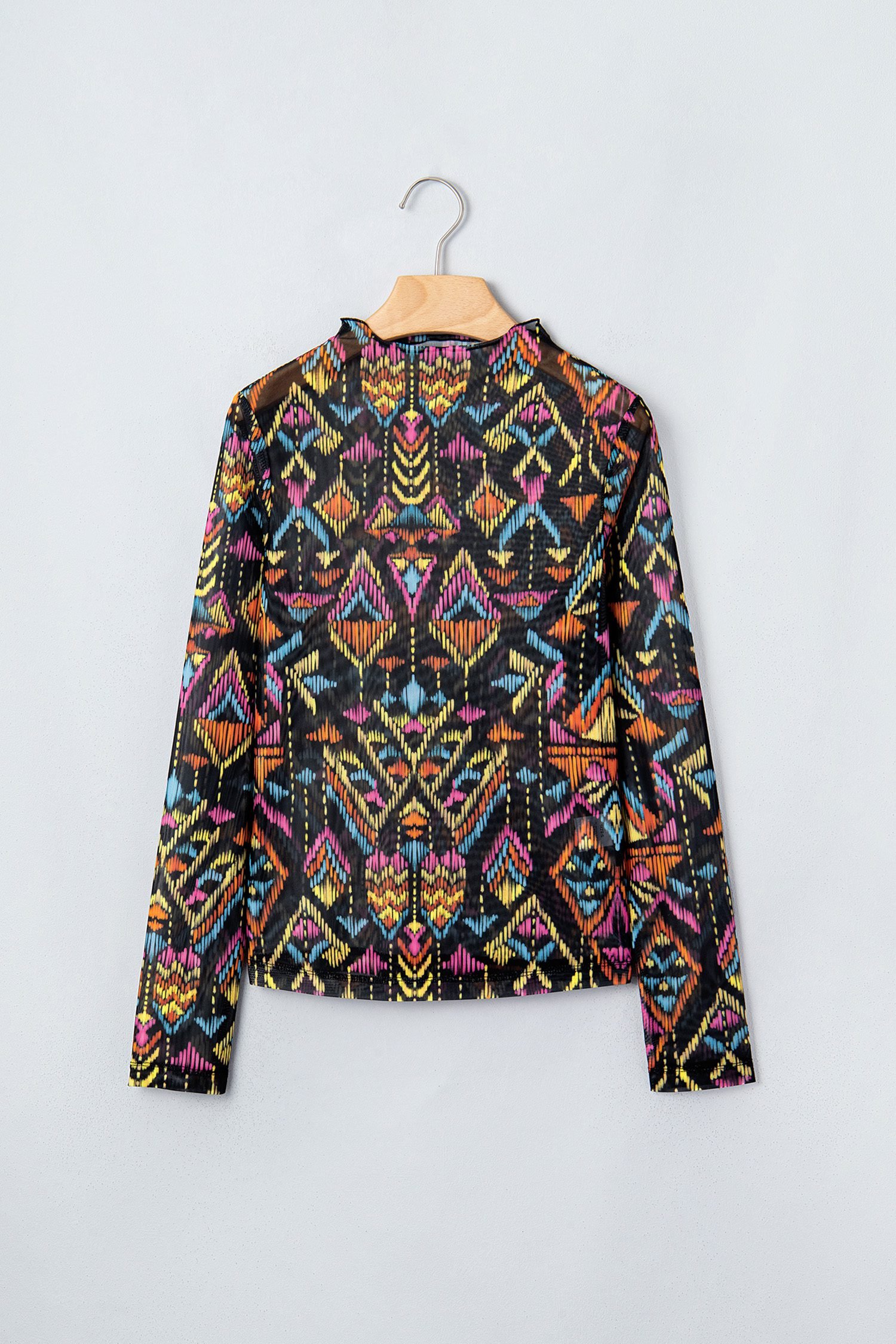 Color black Abstract Print Long Sleeve Stand Neck Mesh Top