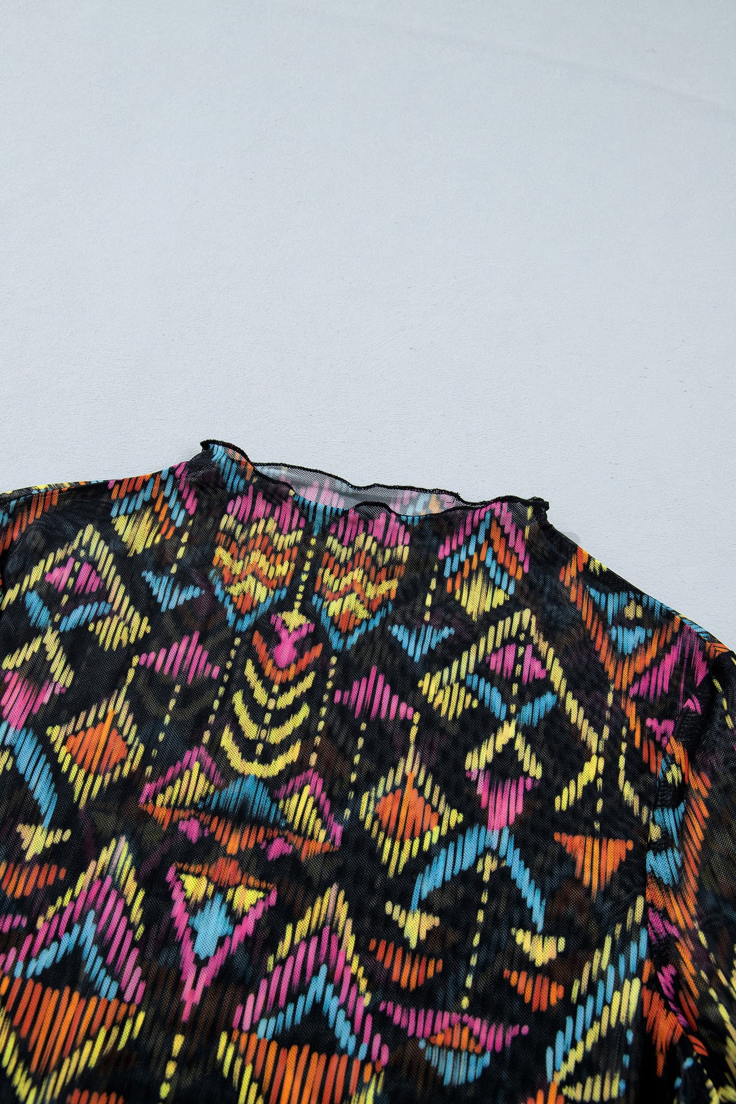 Color black Abstract Print Long Sleeve Stand Neck Mesh Top