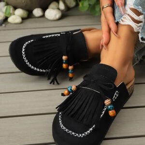 Color black Boho Bow Fringed Faux Suede Slip-on Loafers Square Toe Casual Slippers
