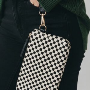 Color black Checkered  Woven Clutch Wristlet PU Leather Large Size Patterned Wallet