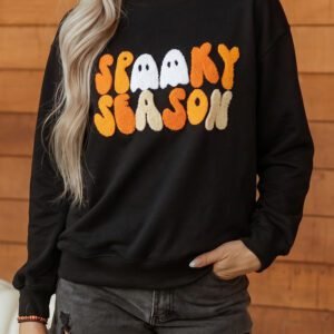 Color black Embroidered Spooky Season Graphic Long Sleeve Round Neck Pullover Sweatshirt