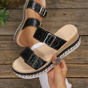 Color black Metallic Textured PU Leather Buckle Wedge Platform Slippers