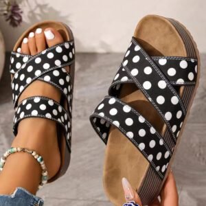 Color black Polka Dot Crossed Band Soft Suede Platform Slippers