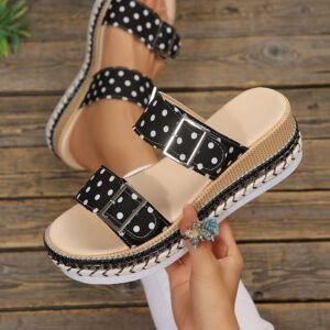 Color black Polka Dot Pattern Double Buckle Straps Hollow Out Platform Slippers