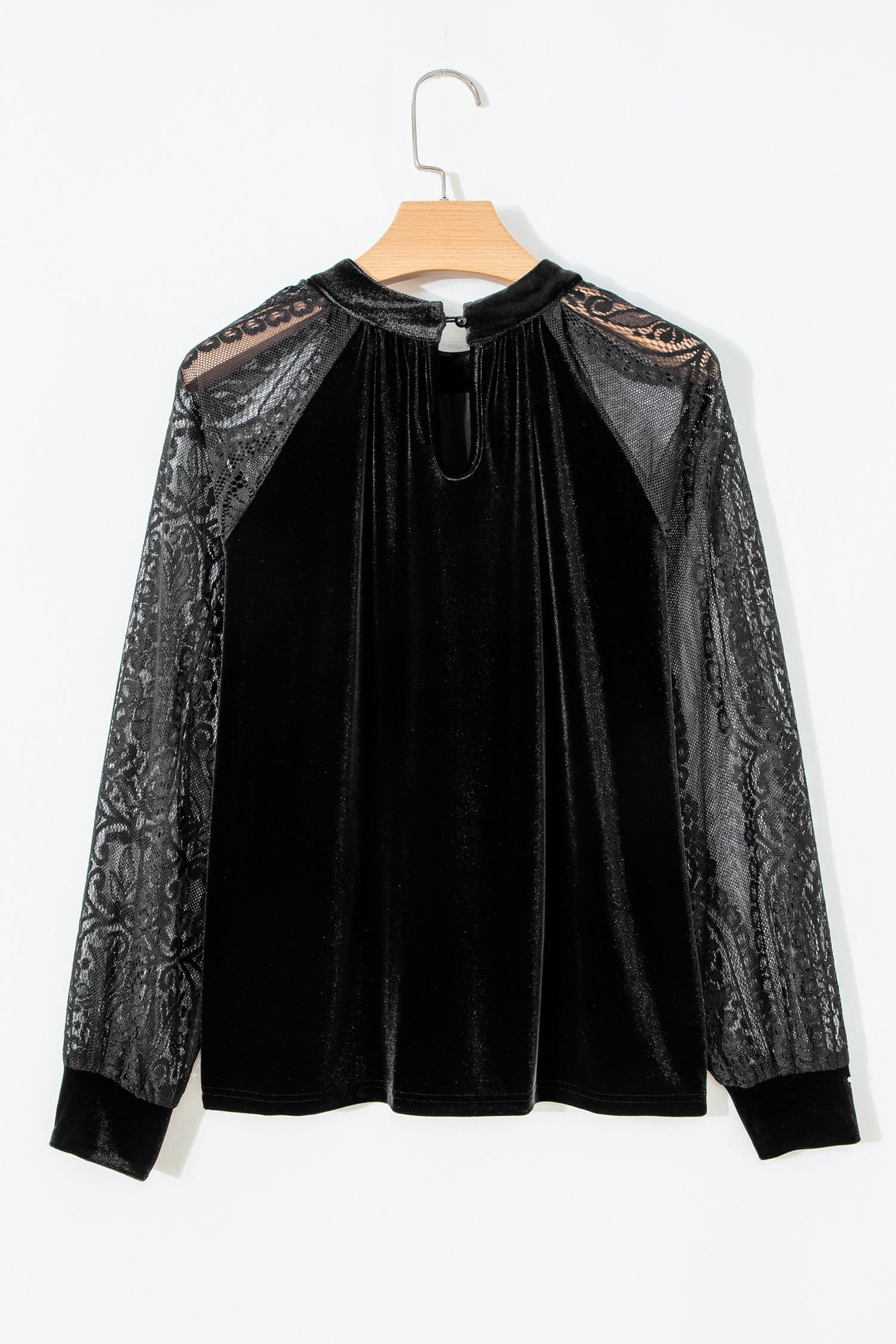 Color Black Solid Color Sheer Lace Long Sleeve Patchwork Stand Neck Velvet Blouse