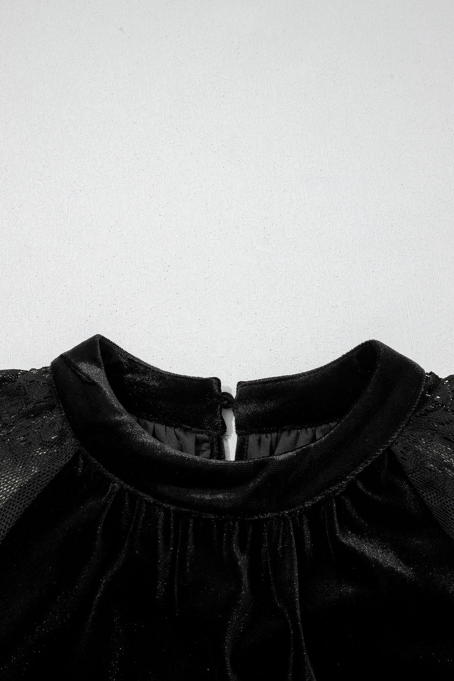 Color Black Solid Color Sheer Lace Long Sleeve Patchwork Stand Neck Velvet Blouse