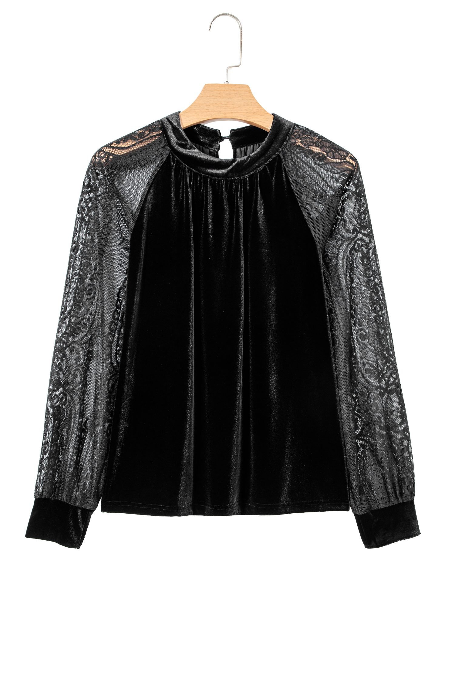 Color Black Solid Color Sheer Lace Long Sleeve Patchwork Stand Neck Velvet Blouse