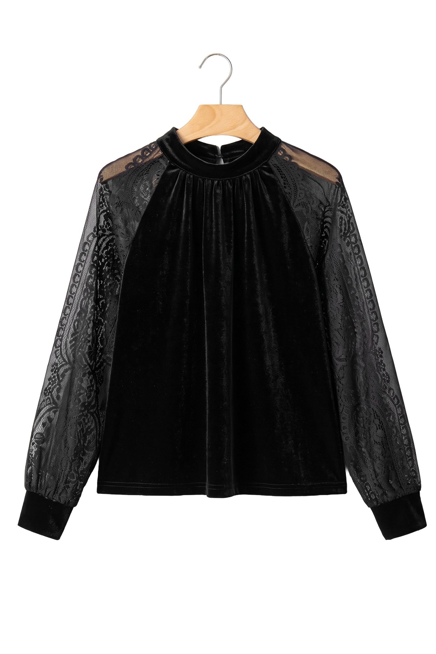 Color Black Solid Color Sheer Lace Long Sleeve Patchwork Stand Neck Velvet Blouse