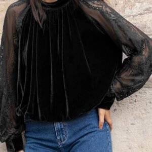 Color Black Solid Color Sheer Lace Long Sleeve Patchwork Stand Neck Velvet Blouse
