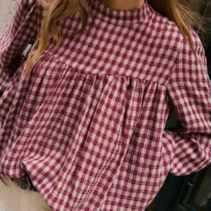 Coral Country Plaid Long Sleeve Button Keyhole Pleated Loose Blouse