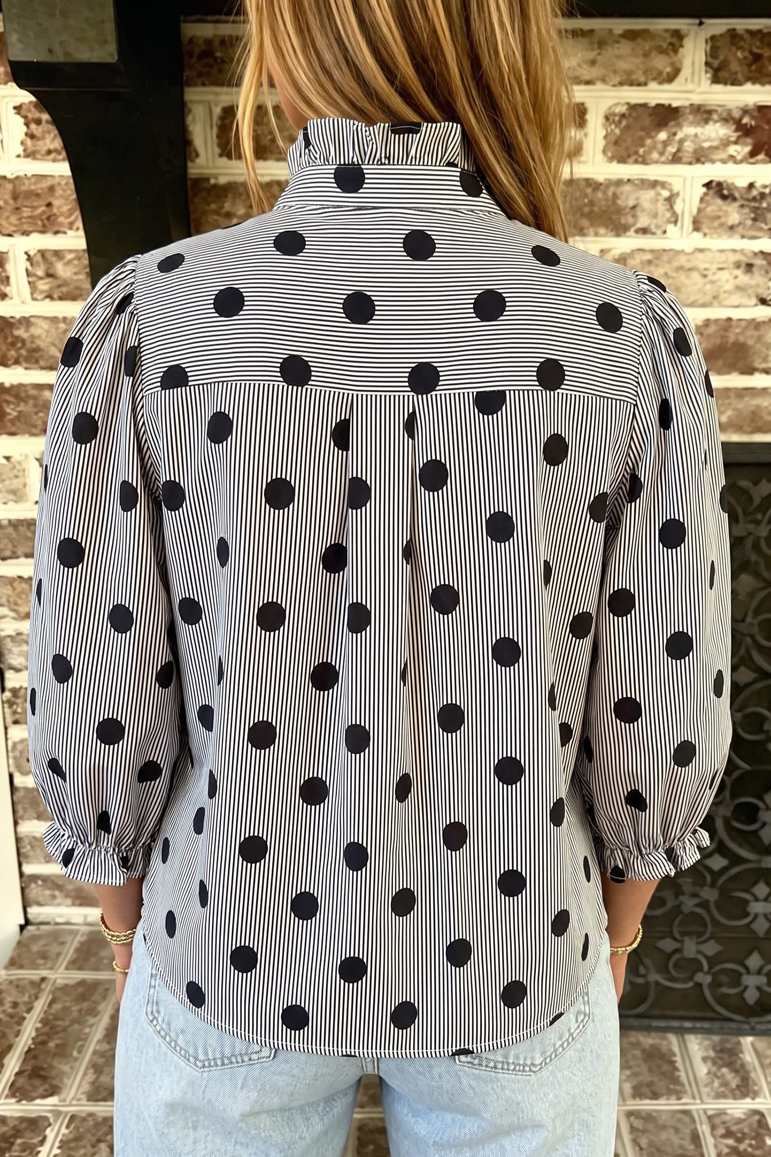 Black white Polka Dot Striped Print Ruffle Stand Neck 3/4 Sleeve Shift Shirt - Image 2