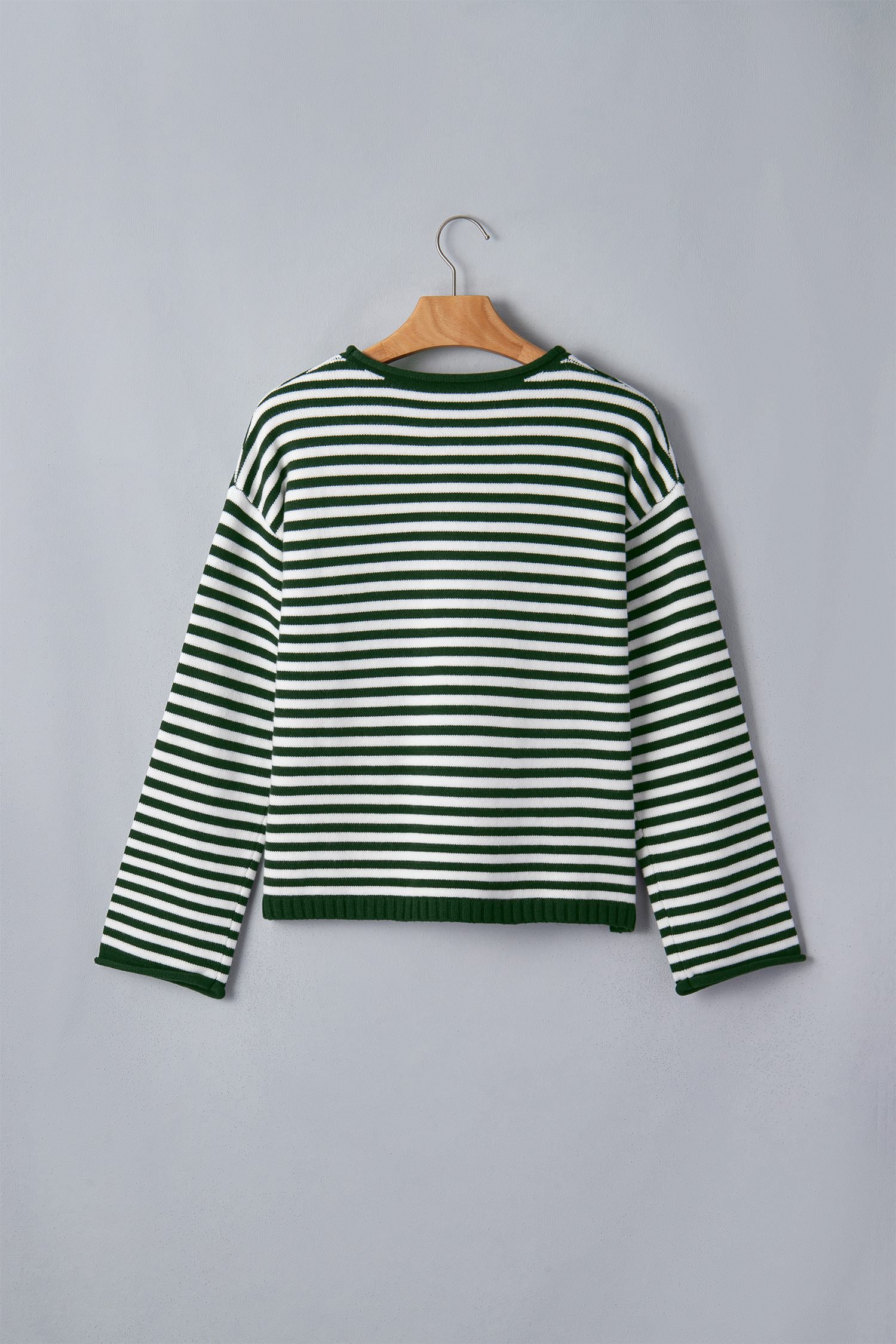 Green Stripe Striped Button Placket Drop Shoulder Long Sleeve Sweater - Image 13