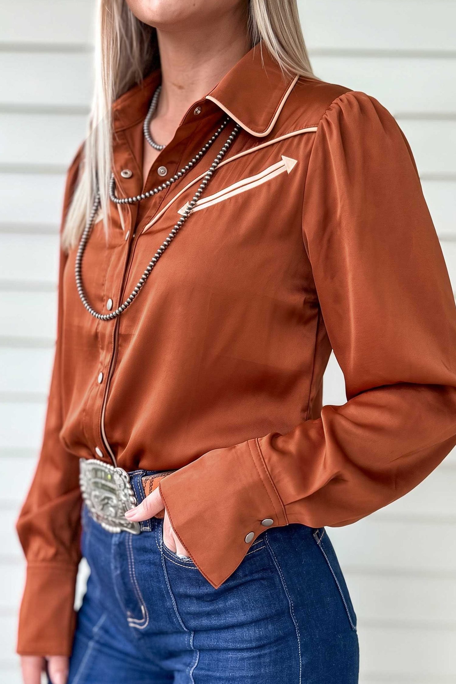 Cinnamon Silky Long Sleeve Button Front Western Fashion Shirt - Image 2