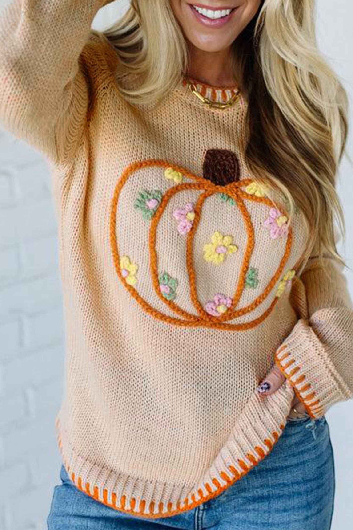 Parchment Floral Embroidery Pumpkin Long Sleeve Round Neck Sweater - Image 6