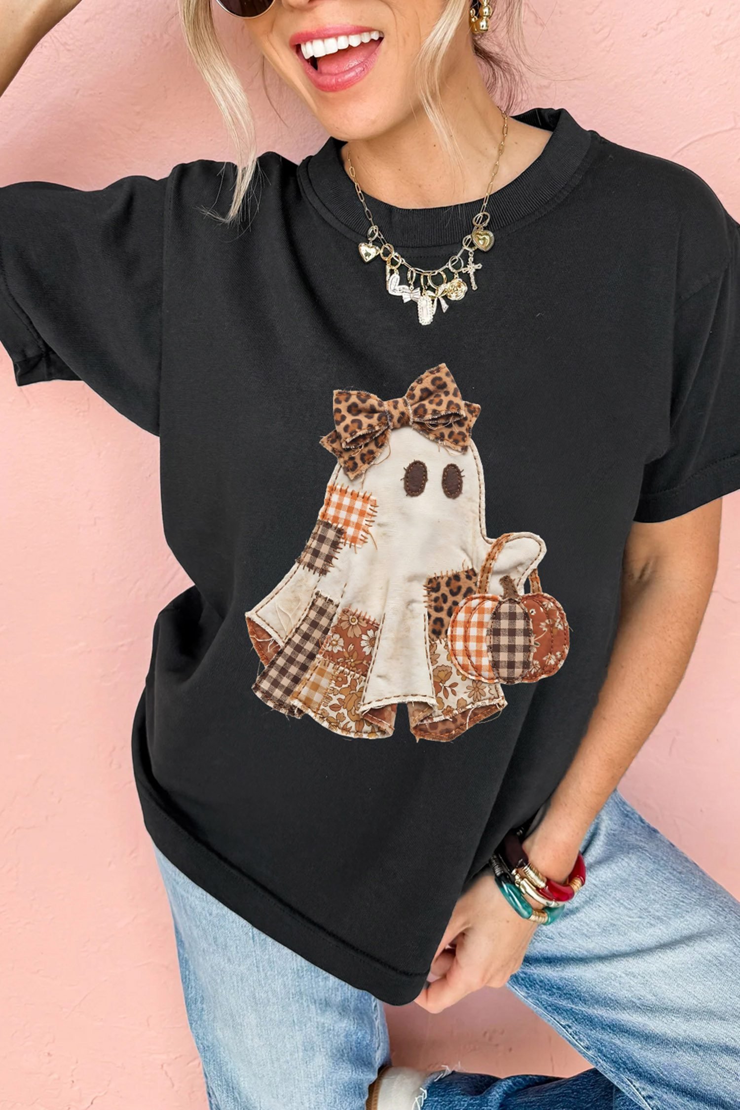 Black Halloween Ghost Applique Graphic T-Shirt - Image 4