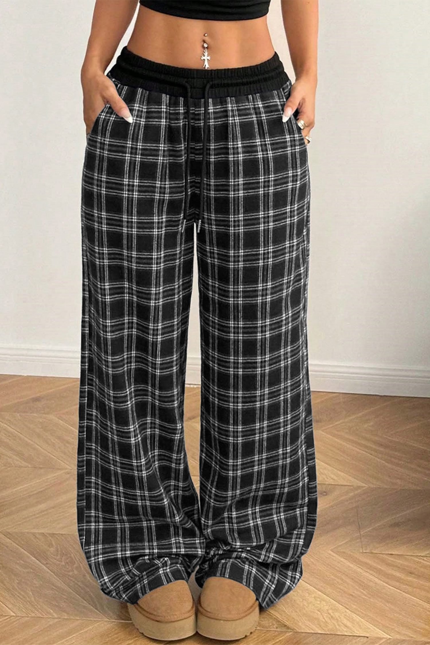 Black Frenchy Plaid Pattern Contrast Drawstring Waist Wide Leg Pants - Image 3