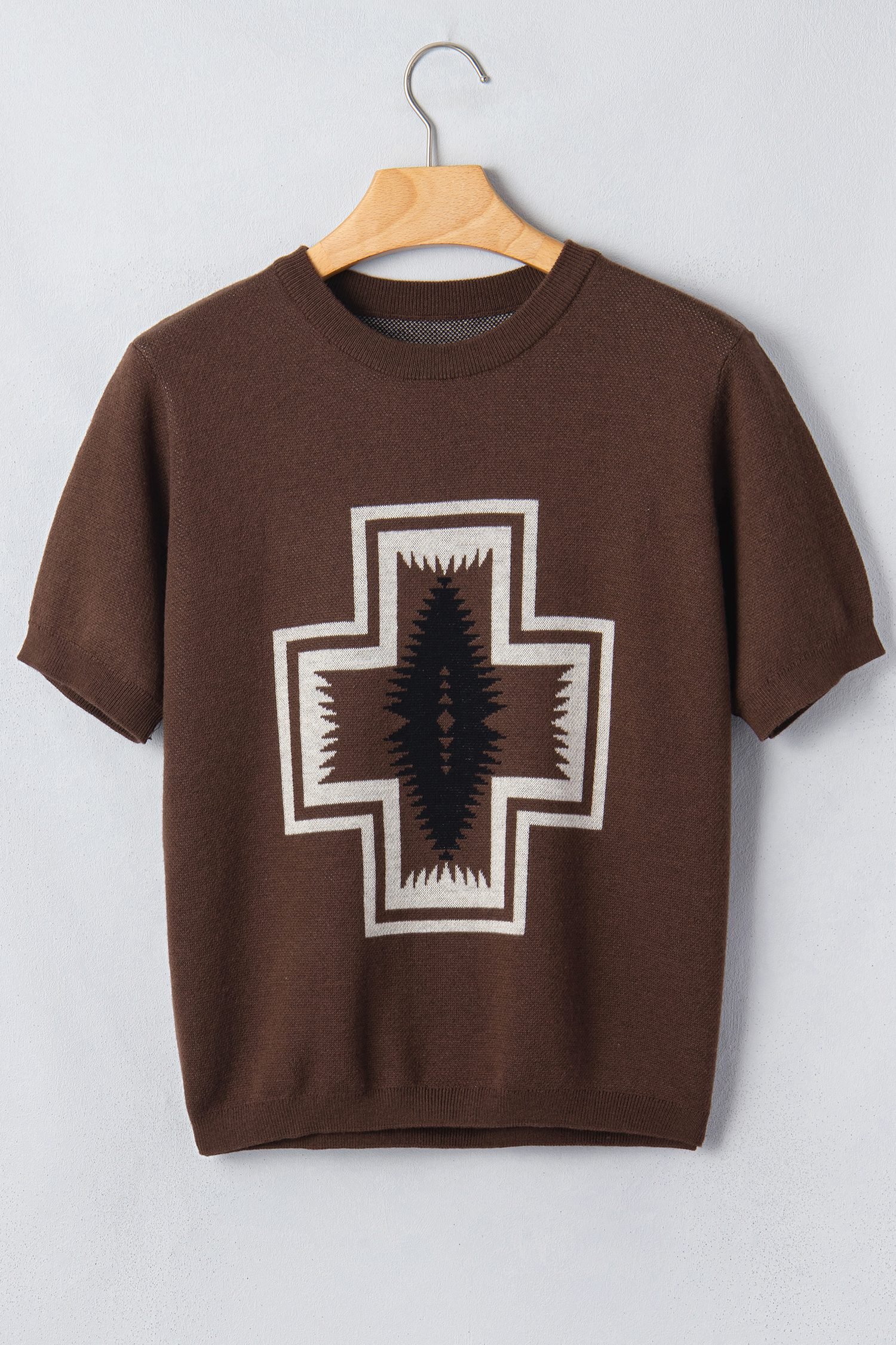 Brown Western Print Short Sleeve Knit Casual Sweater - Image 12