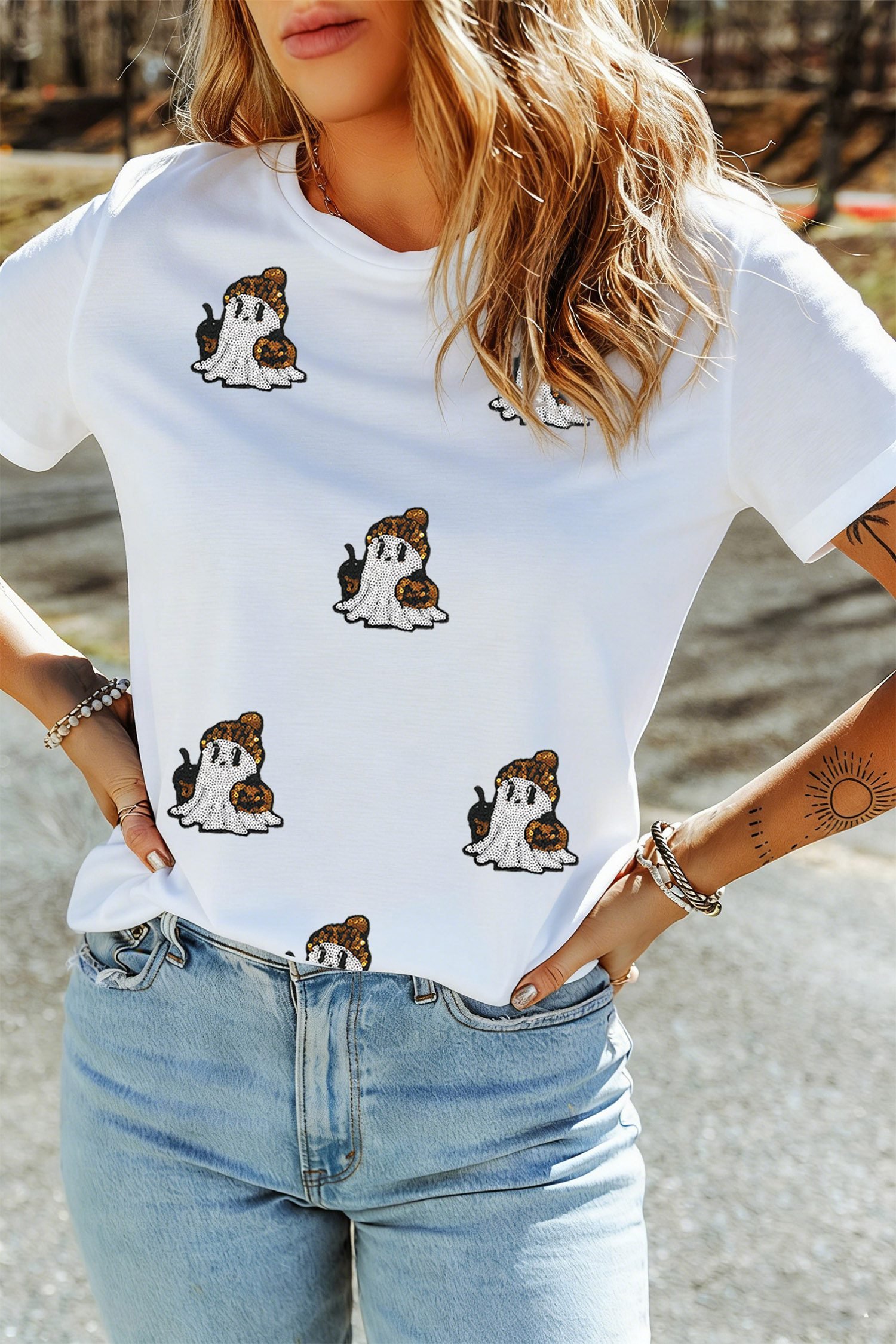 White Sequin Ghost Print Short Sleeve Casual Halloween Graphic T-Shirt - Image 6