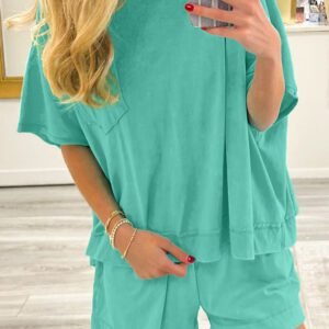 Mint Green Raw Edge Patch Pocket Oversized Top and Shorts Set