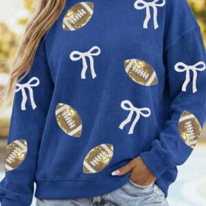 Dark Blue Corded Rib Sequin Rugby Bow Graphic Dropped Shoulder Sweatshirt