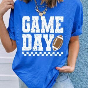 Dark Blue GAME DAY Checkered Print Rugby Graphic T Shirt