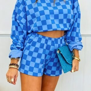 Dark Blue Plaid Checkered Long Sleeve Crop Top Elastic Waist Shorts Two Piece Set