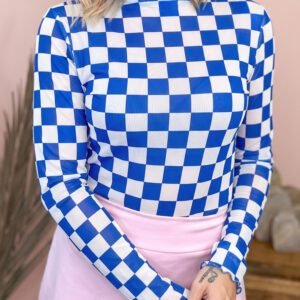 Dark Blue Plaid Mesh Sheer Long Sleeve Top