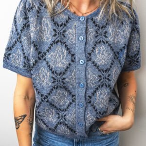 Dark Blue Short Sleeve Button Front Boho Knit Top Cardigan